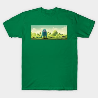 Panorama of cute green monsters in nature T-Shirt